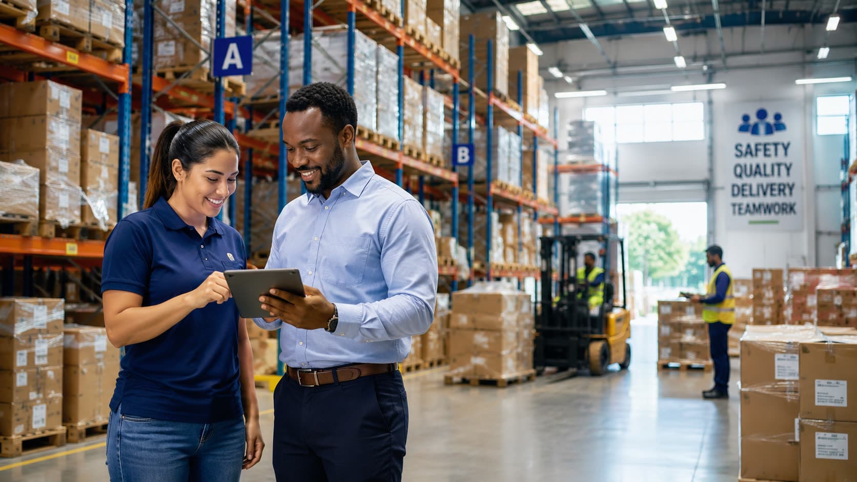 Warehouse workers reviewing inventory on a tablet