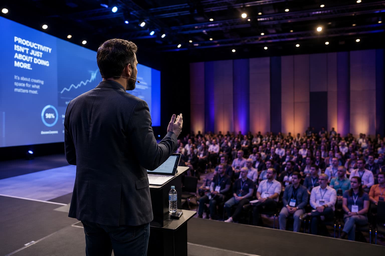 Speaker presenting on stage at an industry conference