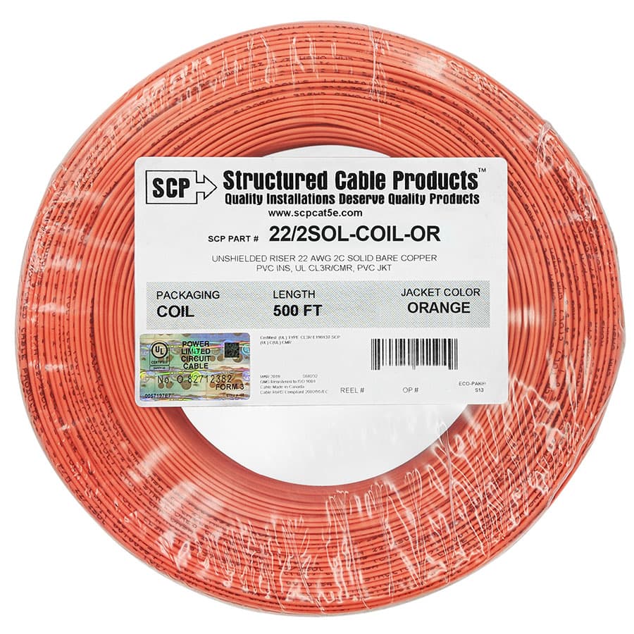 4-units min. Structured Cable Products, Inc.  2c/22 Awg Solid Copper Pvc Coil Pack- Orange- 500 Ft - 22/2SOL-COIL-OR