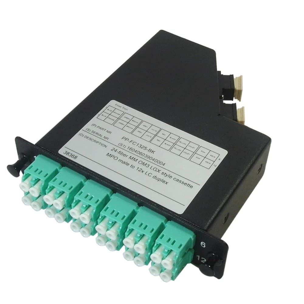 2-units min. Infinite Cables  24-fiber Multimode Om3 Lgx Style Cassette 2x Mpo Male To 12x Lc Duplex - Black - PP-FC1325-BK