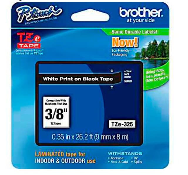 5-units min. BROTHER MOBILE SOLUTIONS  TAPE LABEL LAMINATED 3/8 INCH WHITE ON BLACK - TZE325