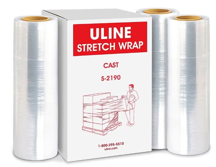 ULine S-2190 - Stretch Wrap - Cast, 80 Gauge, 18" X 1,500'.  Smooth, Easy Release From Roll.  Color - Clear - High Clarity For Barcode Reading Or Load Identification.  80 Gauge - For Loads Up To 2,500 Lbs.