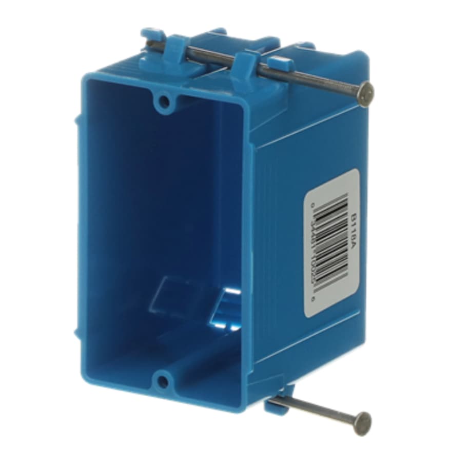ABB Installation Products B118A - Box Zip Single Gang 2-7/8 Inch X 2-1/4 Inch X 3-1/2 Inch Captive Nails 4 Knockouts Blue Non-metallic B118a
