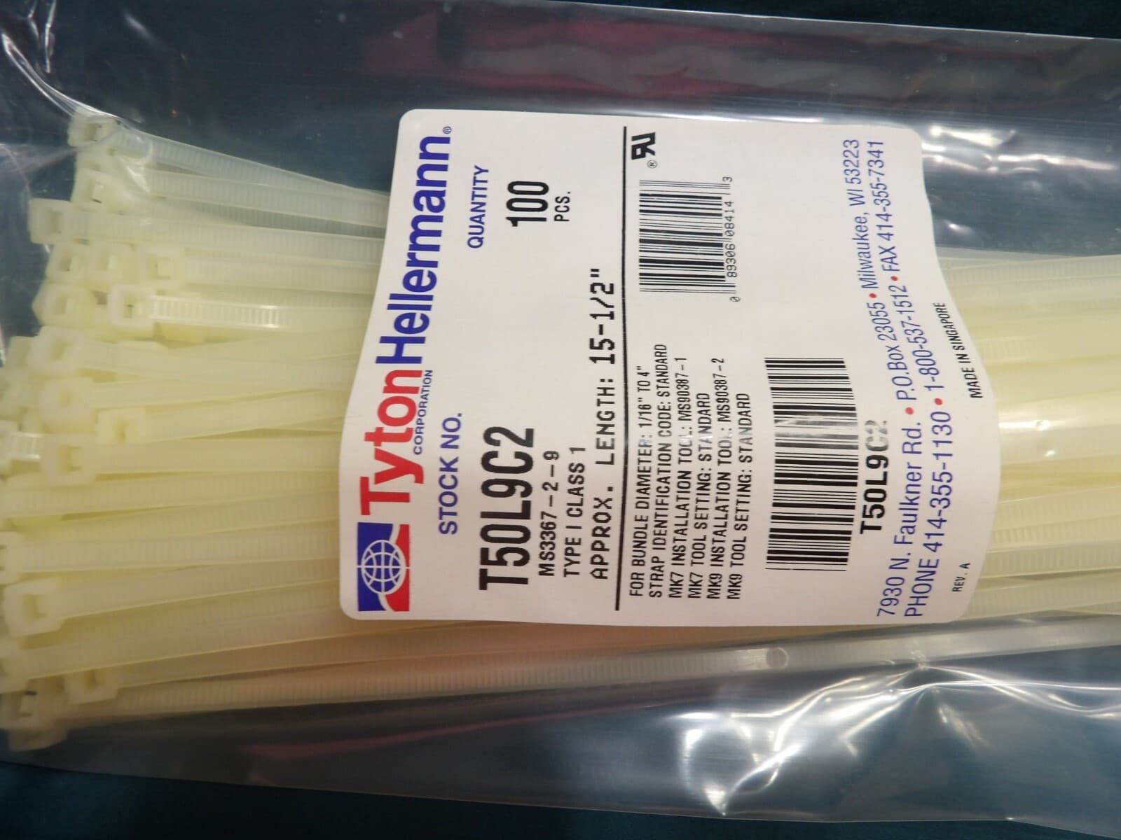 1000-units min. HellermannTyton T50L9C2 - T50L Cable Tie, 15.35 in, 50 lb Tensile, PA66 Natural, 100/pkg