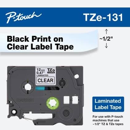 12-units min. Brother Mobile Solutions 1 Pk Black On Clear 1/2 Inch Tape 26.2 Ft For All Tz Machines - TZE131