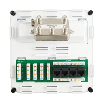 4-units min. Structured Cable Products, Inc. Structured Media Module - Cat6 Triple Play - 4in/4out Cat6 Patch Panel + Cat6 Voice 1x4 110 Idc Punch Down + 4 Way Digital Coax Splitter 5-2400mhz, - 1ea - SMM-C6D4V4S4